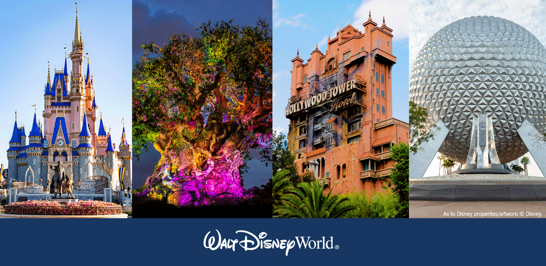 A collage of Walt Disney World including Cinderella's castle, EPCOT and the Hollywood Tower of Terror.