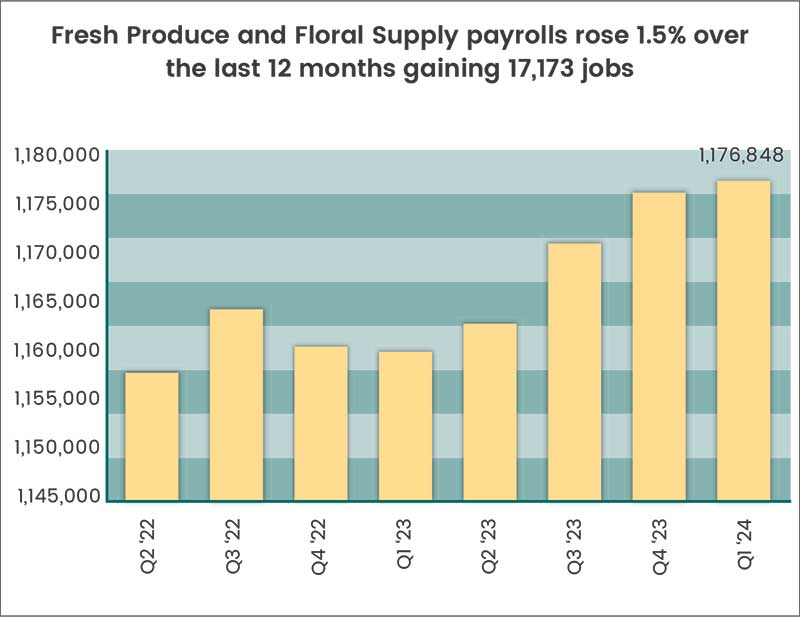 Chart showing: Fresh Produce and Floral Supply payrolls rose 1.5% over the last 12 months gaining 17,173 jobs