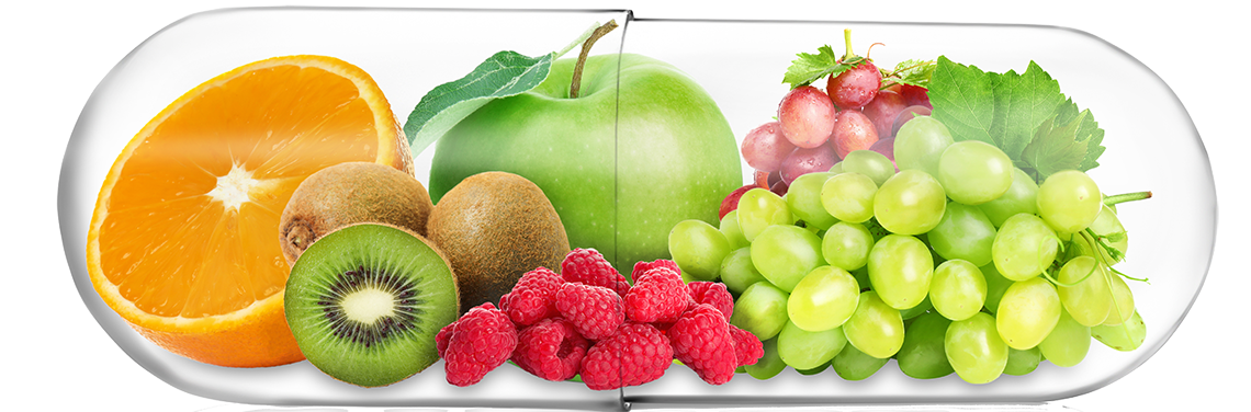 A transparent capsule filled with various fruits including an orange, kiwis, raspberries, a green apple, and grapes.