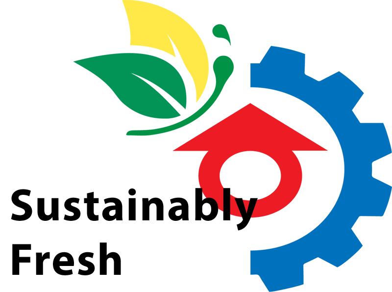 Logo with stylized leaves, a red house shape, a blue gear, and the text "Sustainably Fresh."