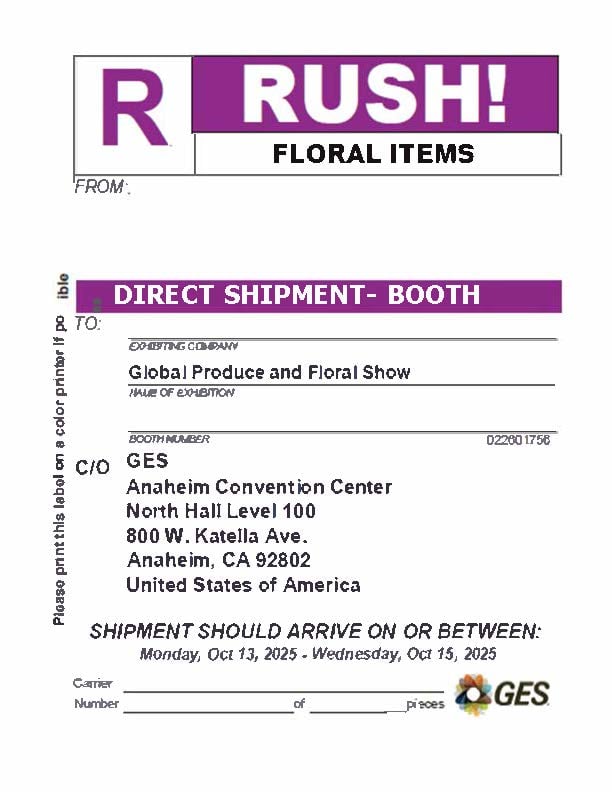 Floral GES Direct Shipping Label not refrigerated to booth GPFS 2025