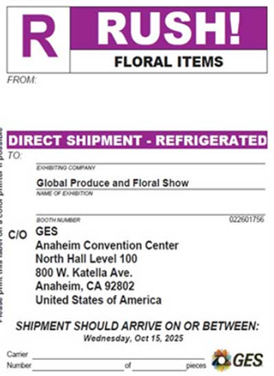 R RUSH Direct Floral Shipment Refrigerated Item Label Global Show GES