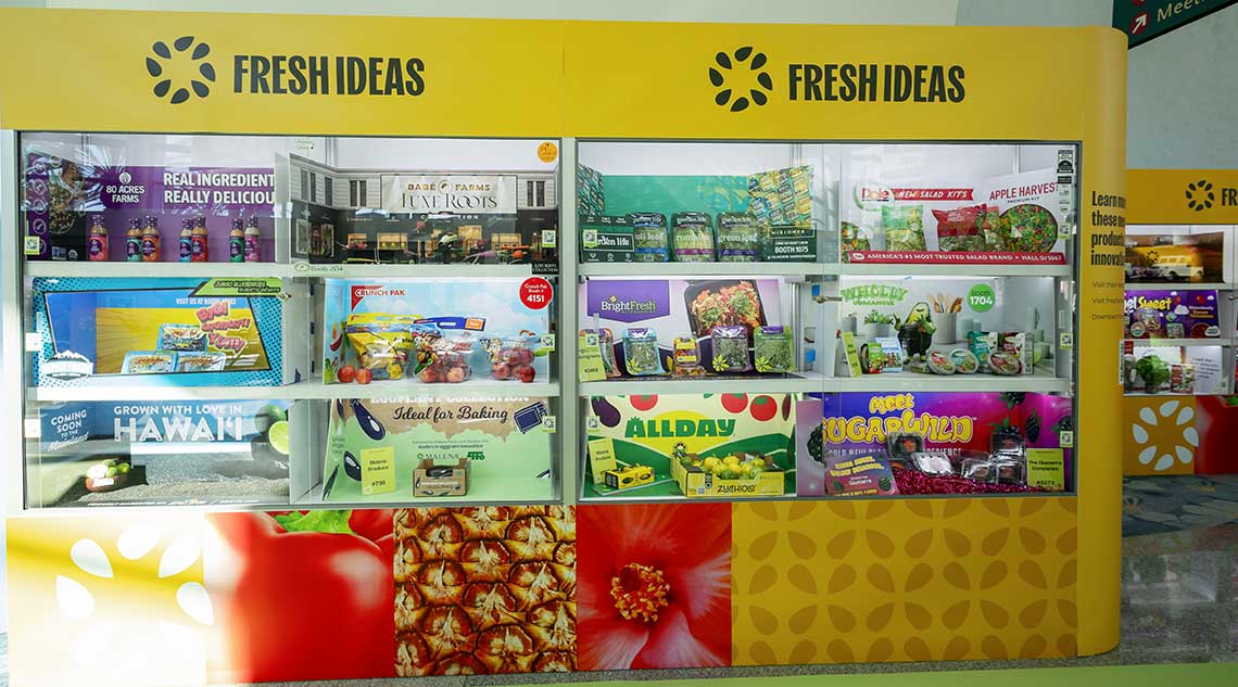 Food product display titled "FRESH IDEAS" showcasing various packaging designs and fresh produce.