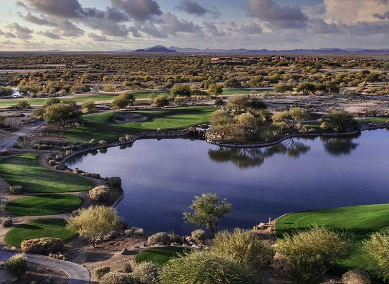 Aerial shot of Devils Claw golf course hole 7.