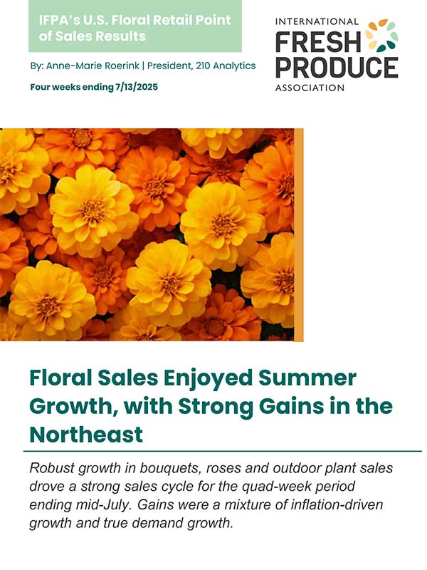 Report cover with marigold flowers and text on floral sales growth by the International Fresh Produce Association