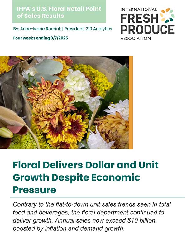 Promotional graphic for floral retail sales results featuring flowers and text about economic growth.