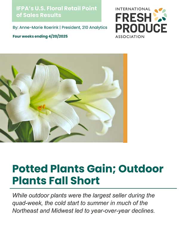 Report cover featuring white lilies and text on floral retail sales results by the International Fresh Produce Association.