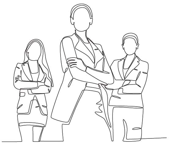Line drawing of three individuals in business attire with arms crossed.