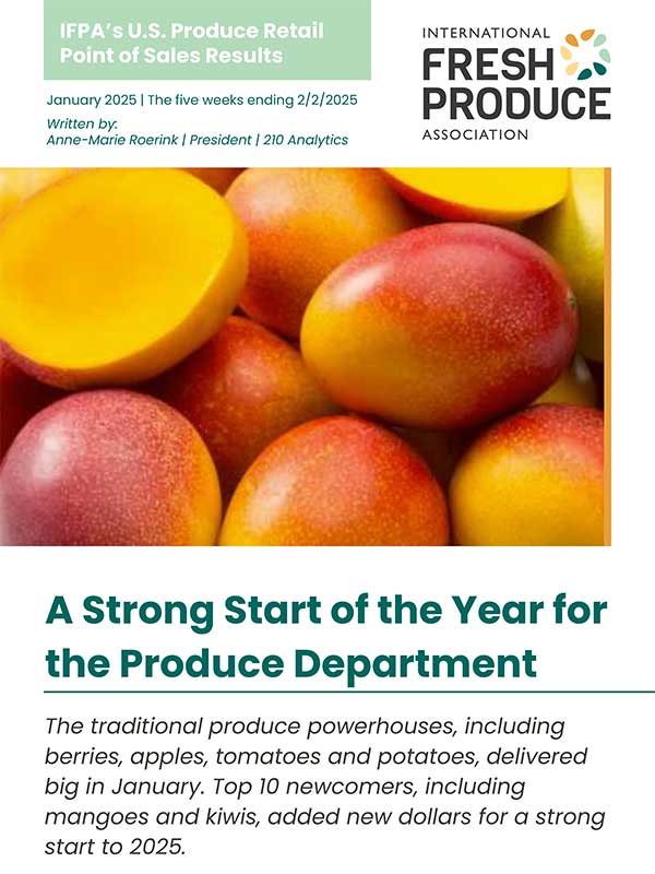 Promotional graphic for the International Fresh Produce Association featuring mangoes and report details.