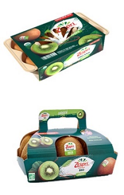 Two different types of paper based carries for Zespri kiwi. One has a handle and the other does not.