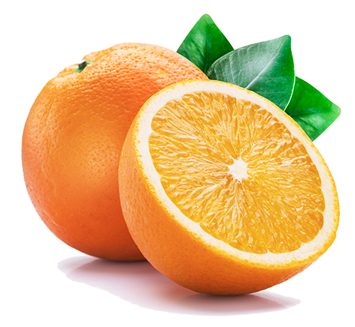 Orange fruit with orange slices and leaves isolated on white background.