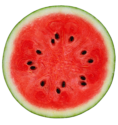 Isolated round watermelon that is cut in half.