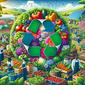 Illustration of a farming scene with a prominent recycling symbol made of green arrows over fresh produce, and renewable energy sources in the background.